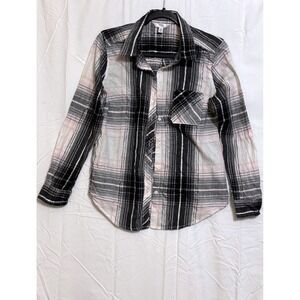 Time and Tru Plaid Button Up Shirt Metallic Thread Pink Black White Size S